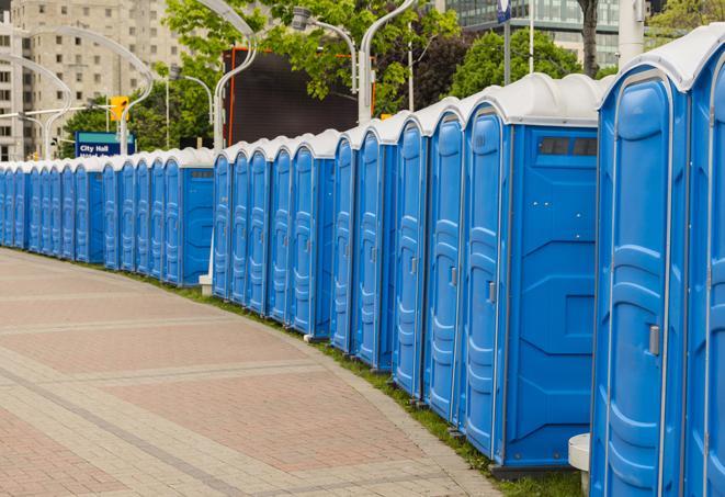 a line of spacious and well-maintained portable restrooms in Blue Mountain